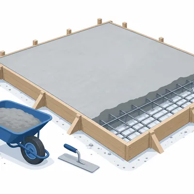 Fresh concrete slab with forms and rebar illustration for concrete calculator