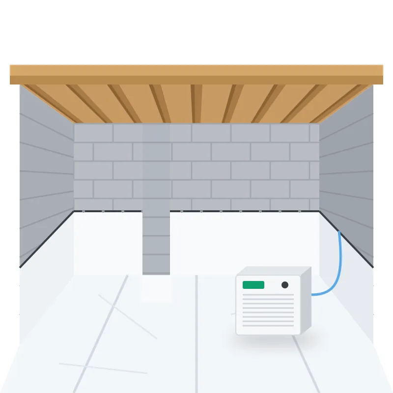 Home crawl space with vapor barrier and dehumidifier illustration for encapsulation cost calculator