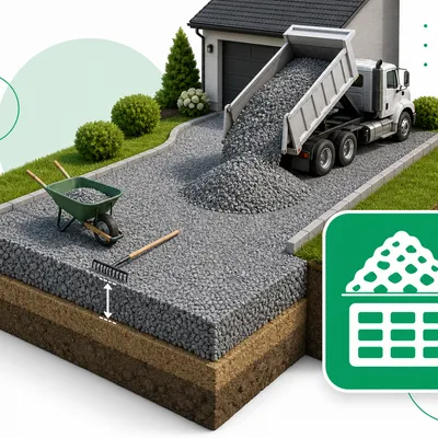 Gravel driveway and dump truck illustration for gravel calculator