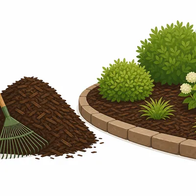 Landscape mulch bed with rake illustration for mulch calculator