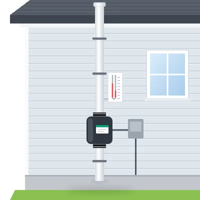 Radon mitigation pipe and fan venting from a home foundation illustration for radon mitigation cost calculator