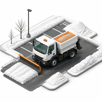 Commercial snow plow clearing parking lot illustration for snow removal calculator