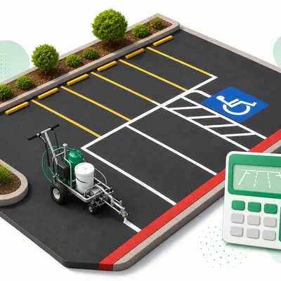 Parking lot line striping illustration with striping machine and fresh pavement markings