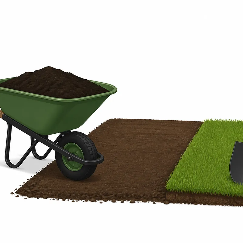 Topsoil wheelbarrow and graded lawn illustration for topsoil calculator